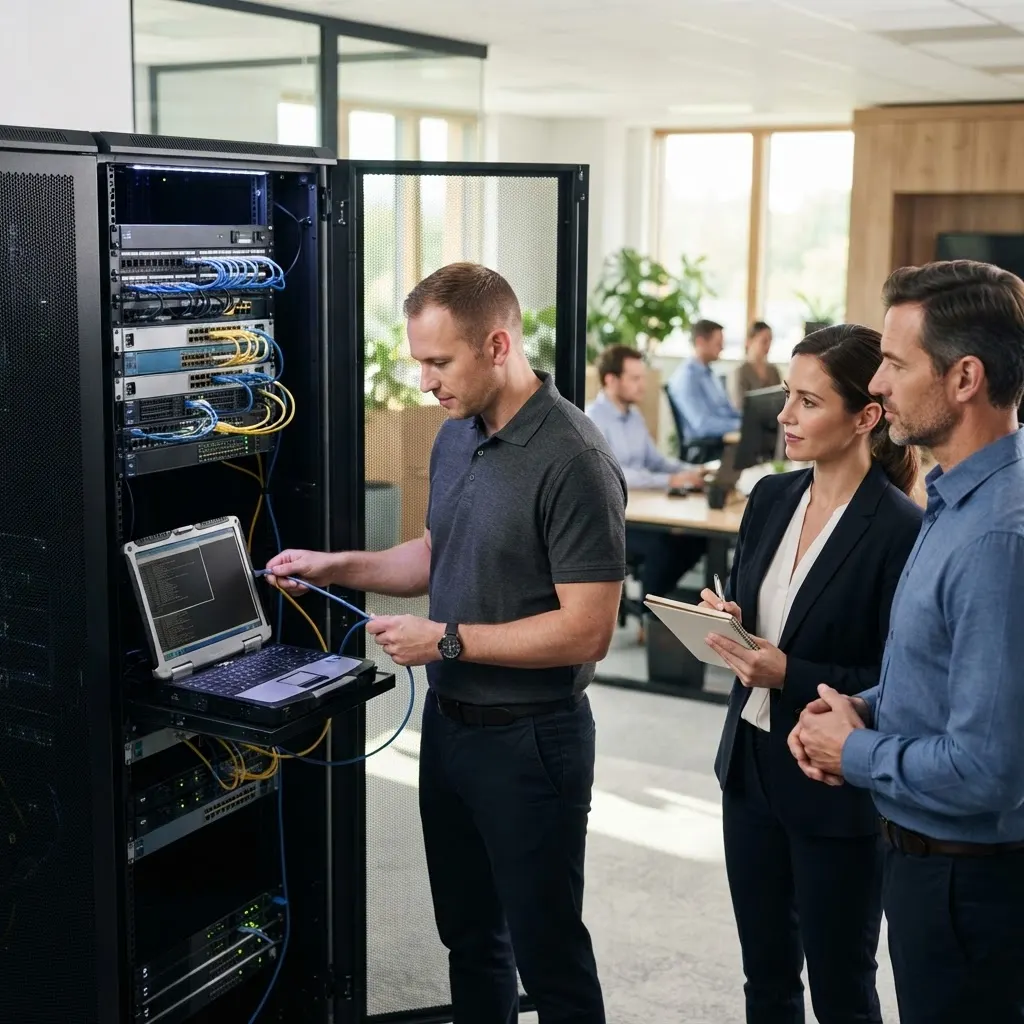 Miracom IT technician configuring network equipment in front of professional clients at a business