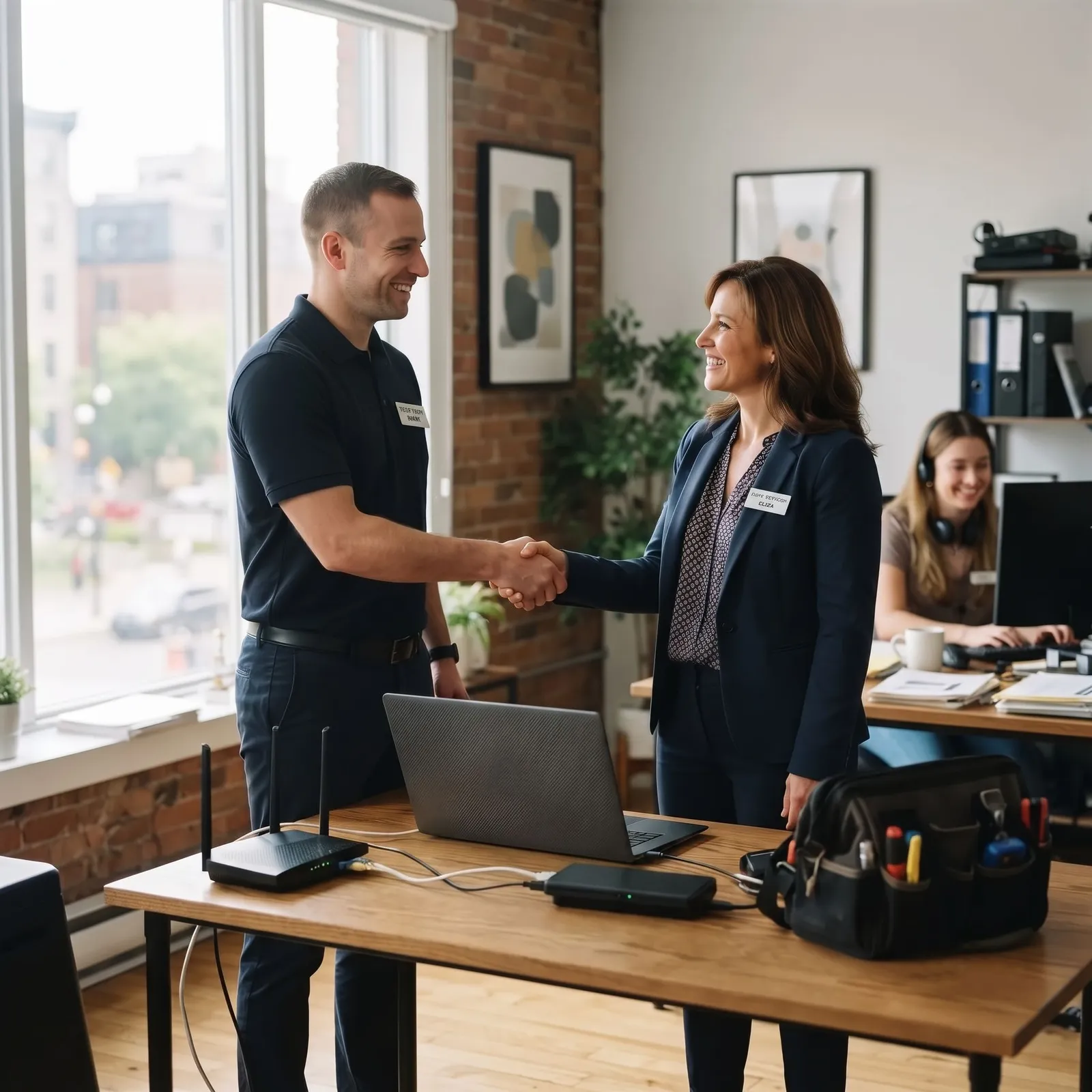 Miracom technician shaking hands with a happy client in her Quebec SMB office