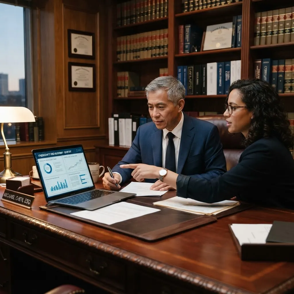 Avocat consultant un rapport de sécurité sur portable avec un consultant TI dans un cabinet juridique