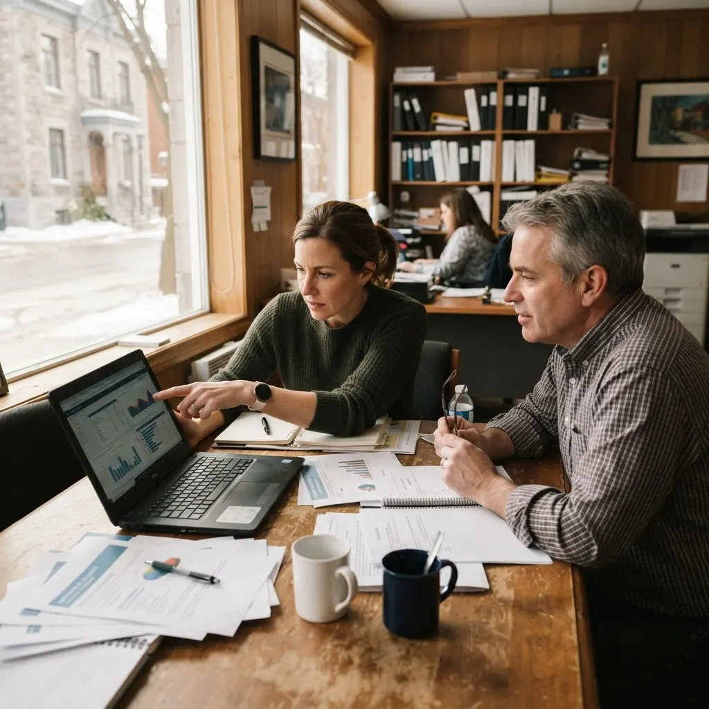 Professionals reviewing a cybersecurity report in an accounting office