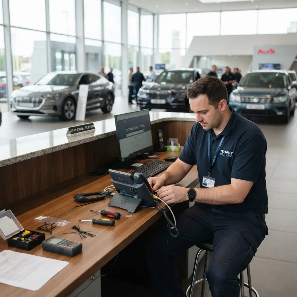 Technicien installant un téléphone IP à la réception d’une salle de montre de concessionnaire automobile