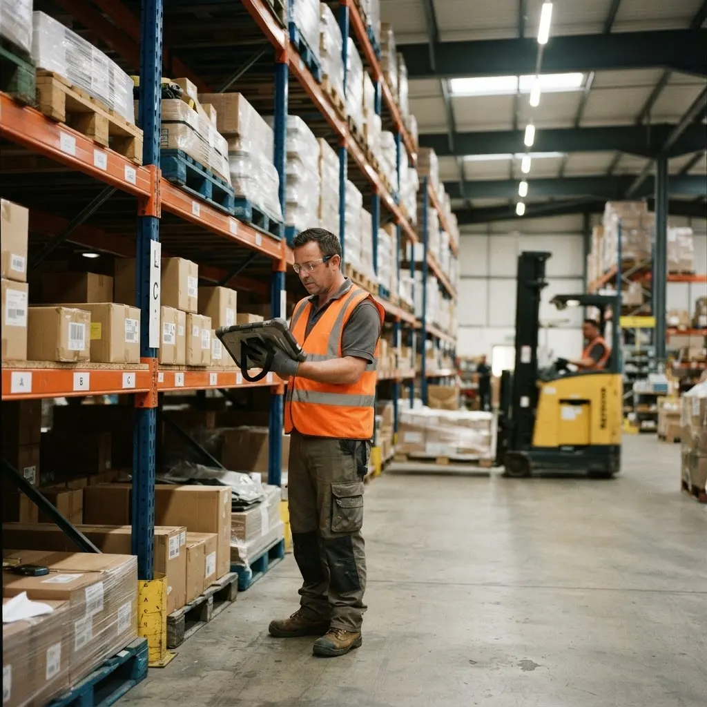 Warehouse employee scanning inventory with a tablet near pallet racks