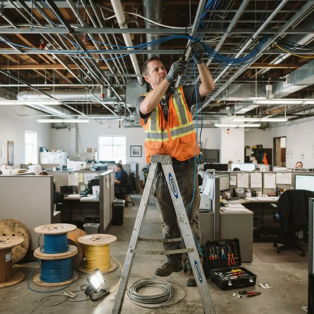 Network technician installing cabling in the ceiling of a transport office