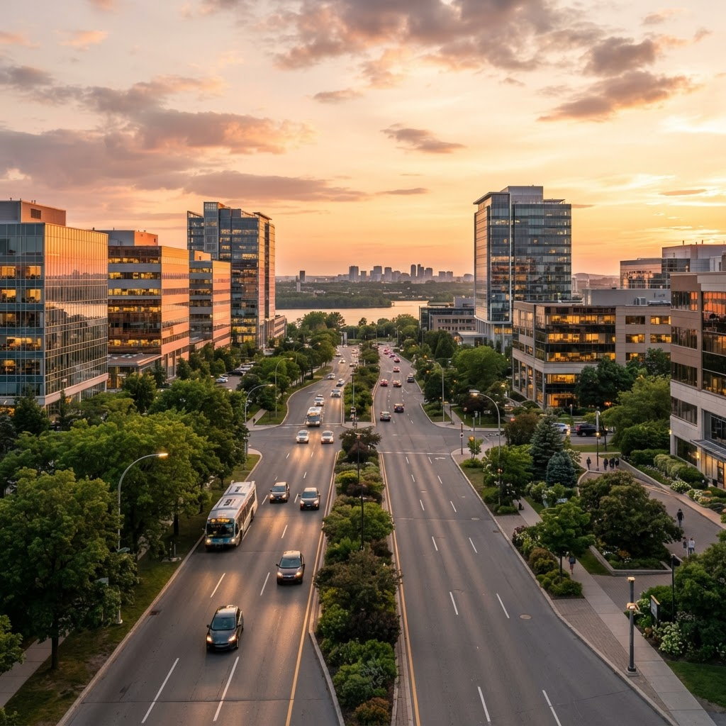 Boulevard d'un quartier d'affaires moderne semblable au centre-ville de Laval au coucher du soleil