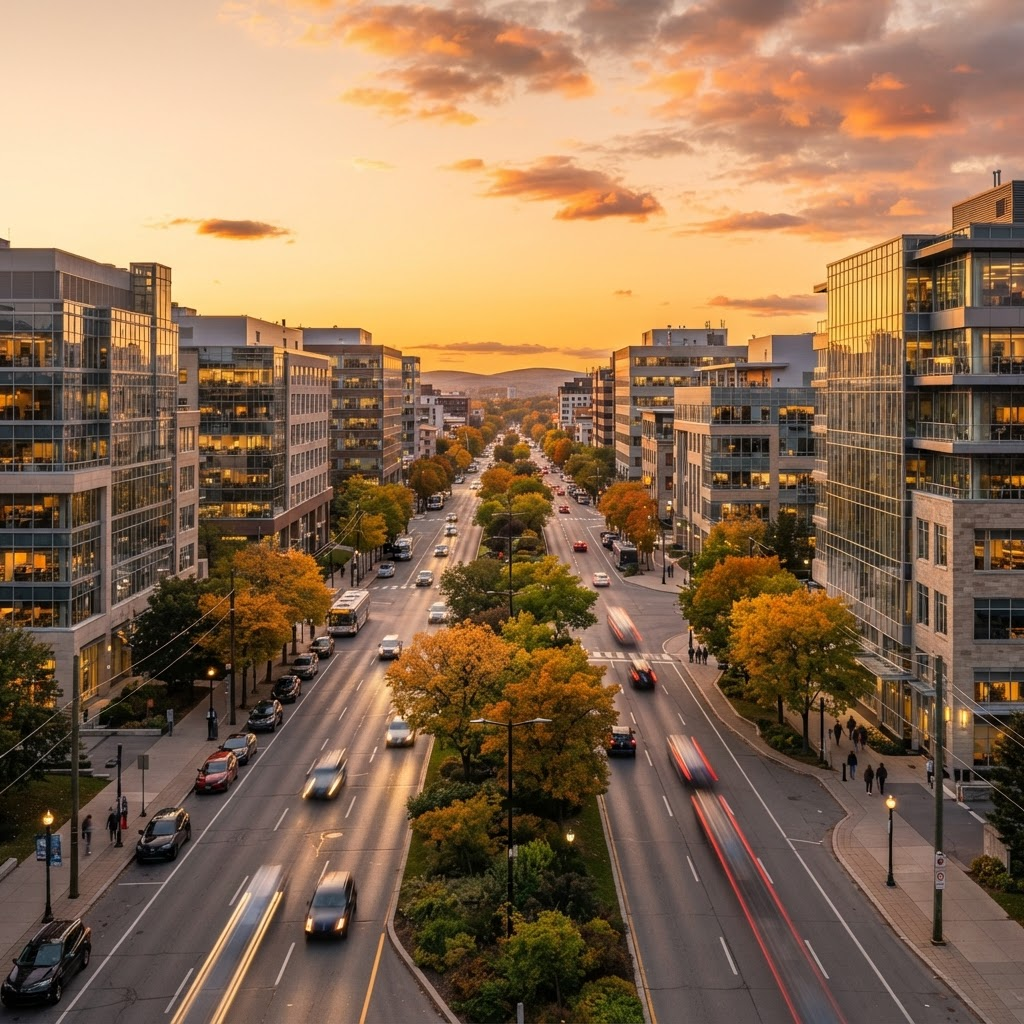 Boulevard d'un quartier d'affaires moderne semblable à Lebourgneuf à Québec au coucher du soleil