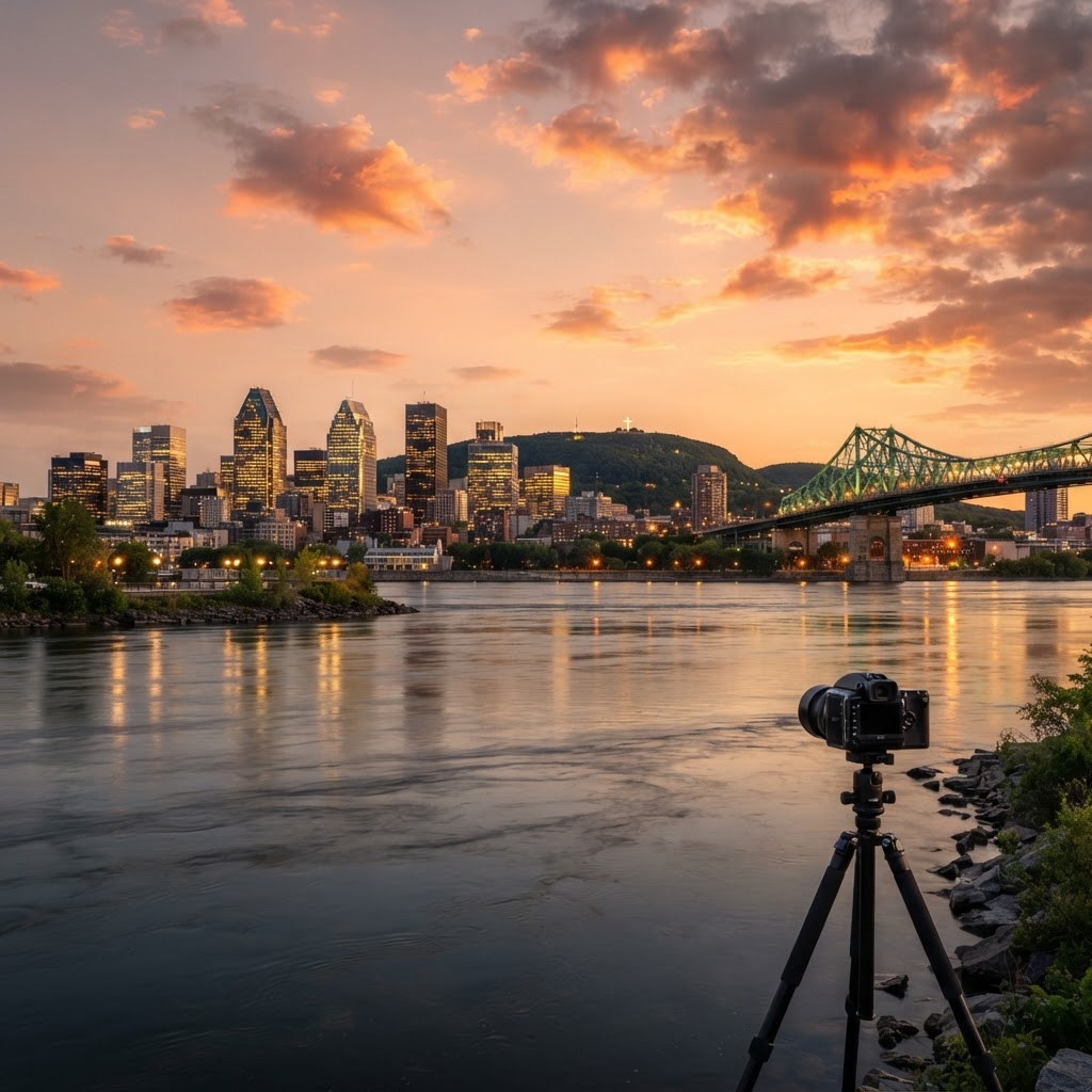Vue du centre-ville de Montréal et du mont Royal depuis le fleuve Saint-Laurent au coucher du soleil