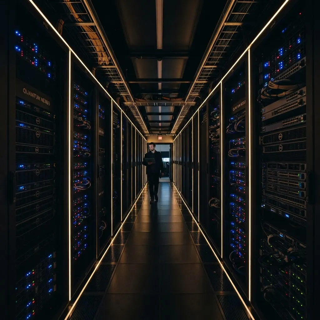 Data center corridor with rows of servers